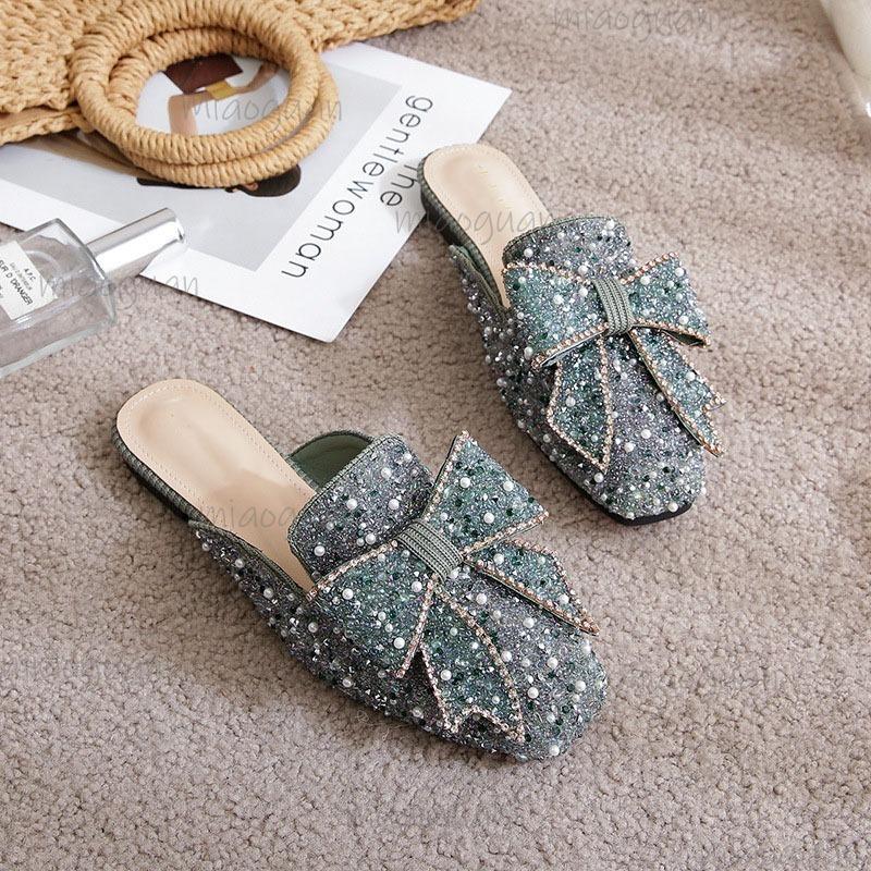 Size 34-43 Rhinestone Beaded Women's Mules Cover Toe Trendy Slides Slip-on Woman Shoes  De Mujer Spring Summer Footwear