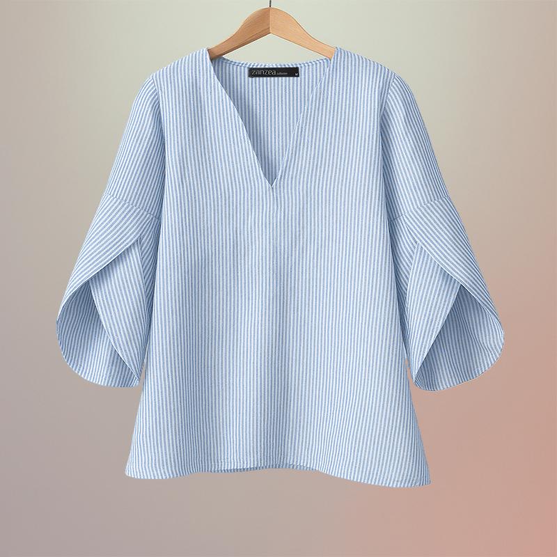 ZANZEA Women Casual V-Neck 3/4 Sleeve Loose Stripe Blouse
