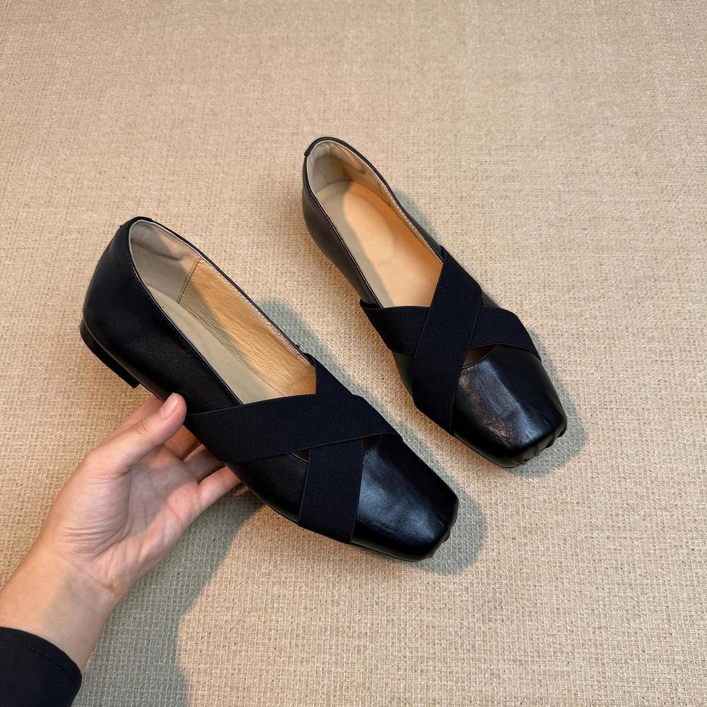Cross-strap one-pedal pig nose ballet shoes women's retro square head shallow mouth flat bottom Mary Jane single shoes