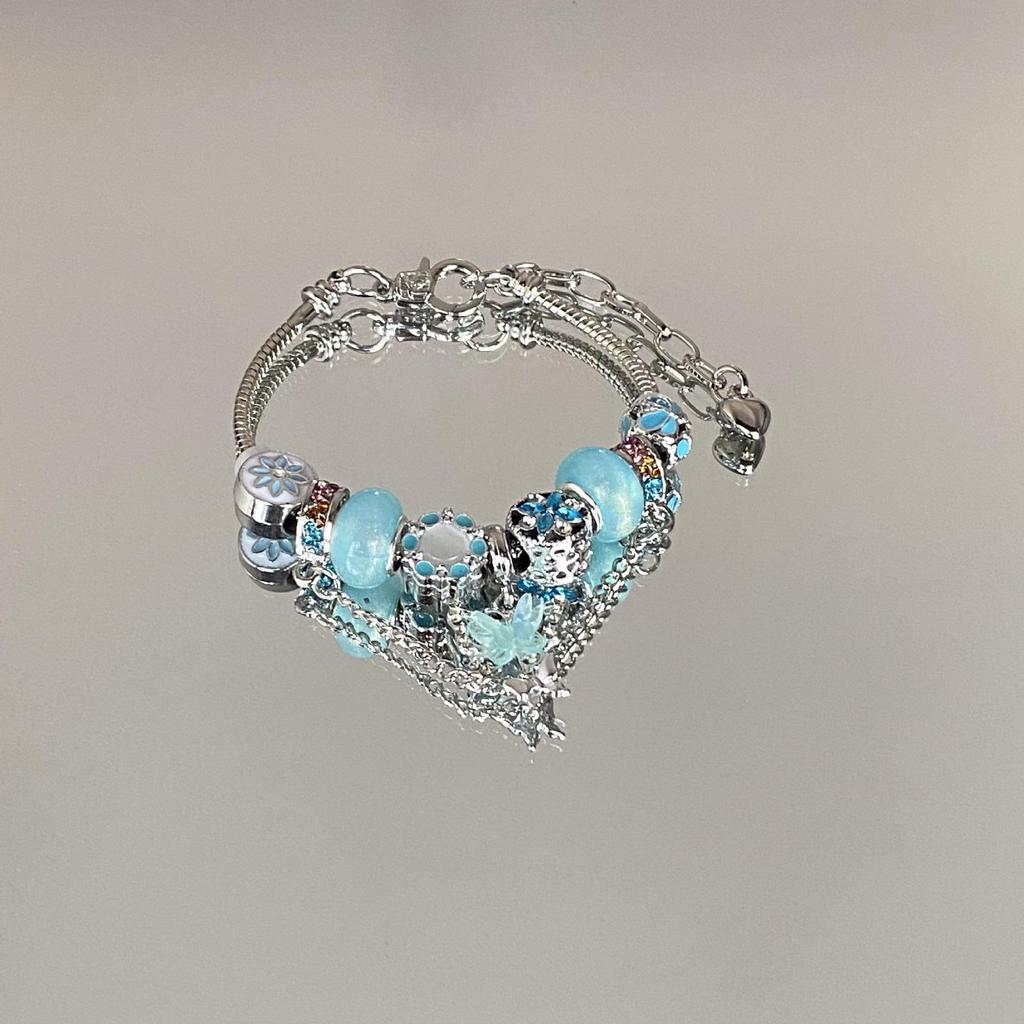 Retro Silver Heart & Butterfly Beaded Bracelet for Women - Versatile & Stylish European/American Jewelry