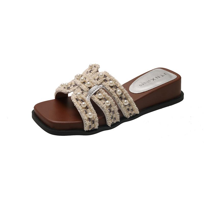 Xiaoxiangfeng High-heeled Slippers Women's Summer 2025 New Outer Wear Fashionable Pearl French with Skirt Comfortable Going Out Sandals