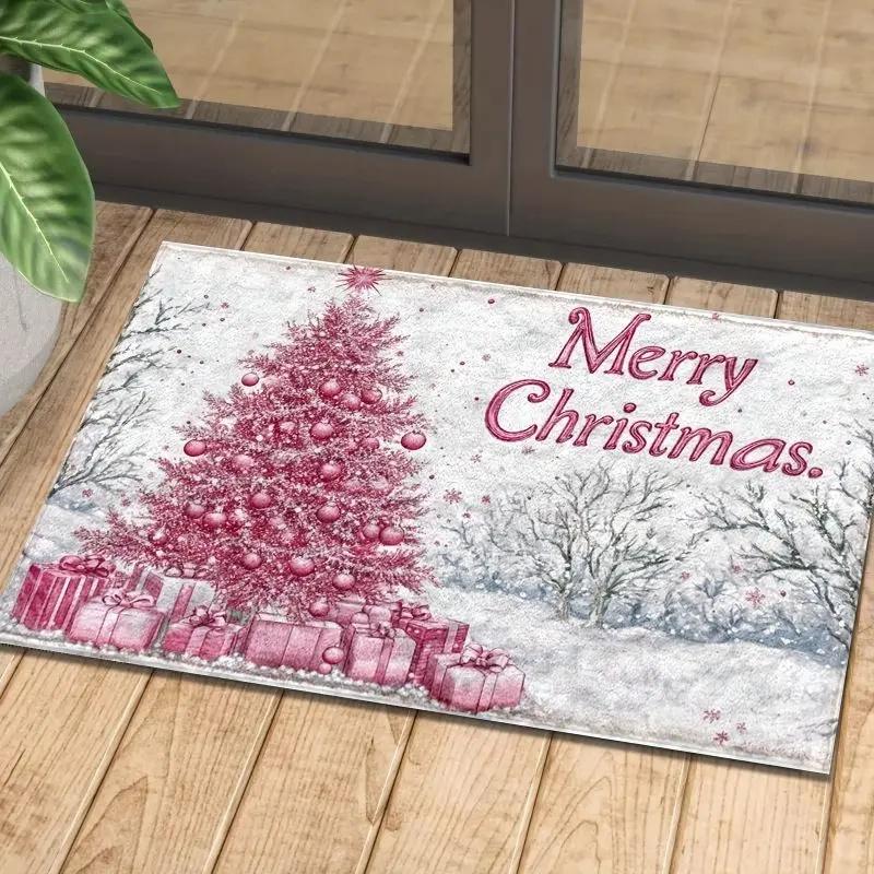 

Pink Christmas Tree Doormat Anti-Slip Machine Washable Carpet for Living Room Bedroom Kitchen and Laundry Rug 30x50cm Flannel