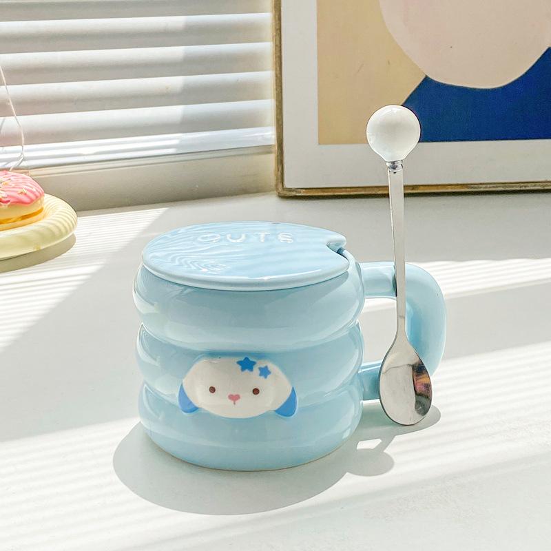 Söt tecknad kaninmugg med lock och sked för flickor hem keramisk kopp par kaffe mjölk kopp kontor