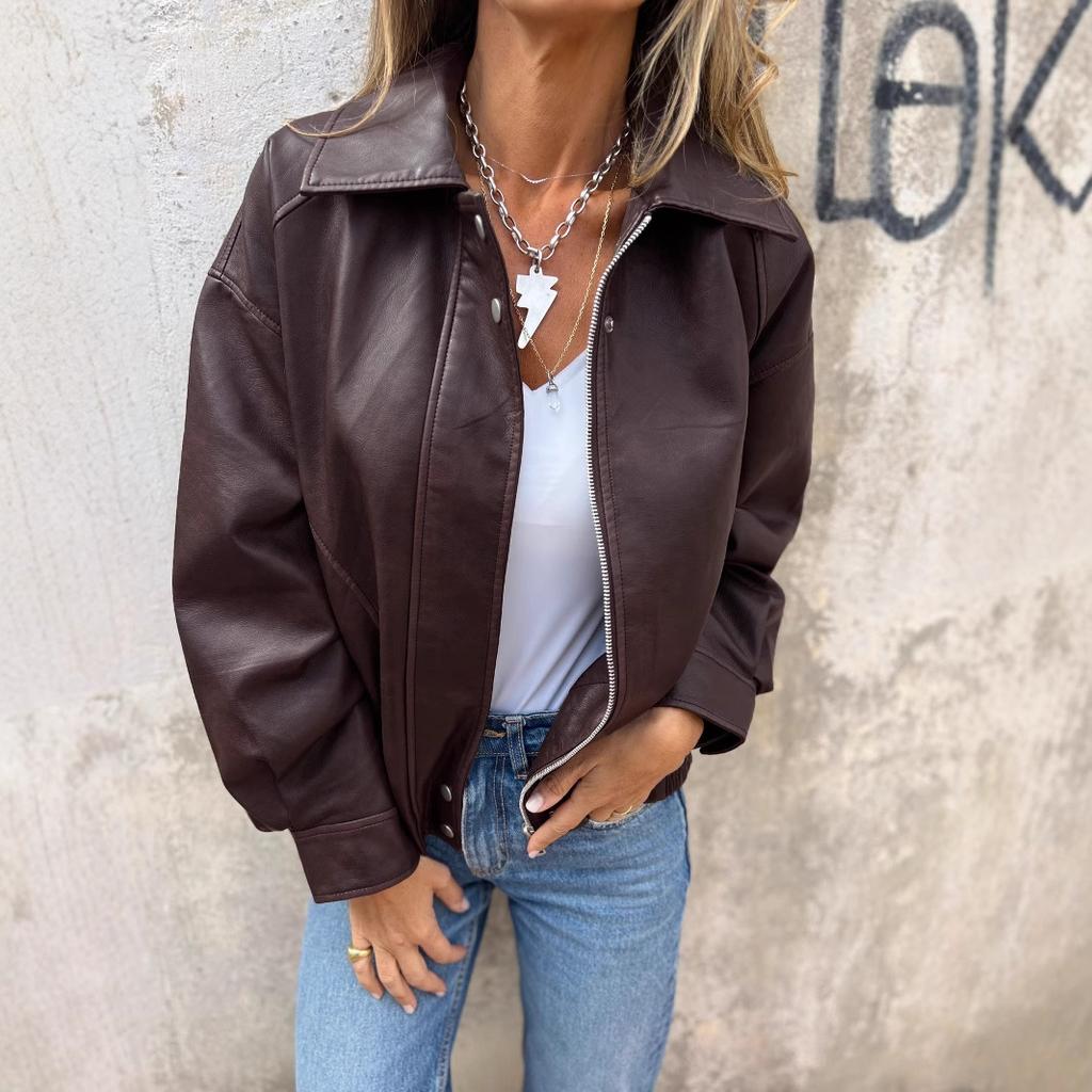 Women Autumn Winter Casual Long Sleeve  Zip Pu Motorcycle Jacket Coat with Packet