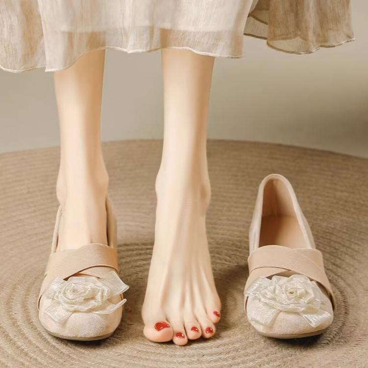 Inner height increase thick heel flower shallow mouth single shoes women's 2025 new soft leather French cross belt ballet shoes Mary Jane shoes