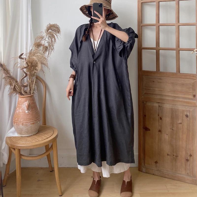 Johnature Long Vintage Casual V-neck Single Button Loose Slits All Match Women Coats