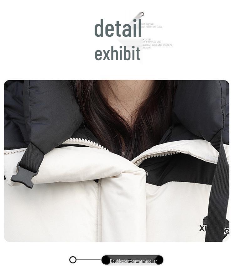 Damen Daunenmantel im koreanischen Stil mit Farbblockdesign und Kapuze - Mittellang, Überknie, Locker, Dick, Kältefest Winteroberbekleidung