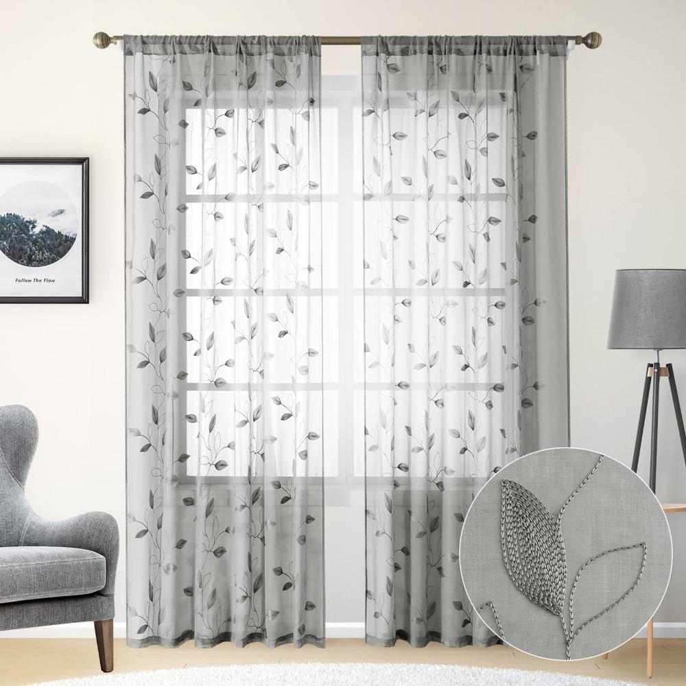 

2PCS Semi-Transparent Embroidered Leaf Window Thin Curtain Washable Sunshade Curtains Kitchen 35x54in серый