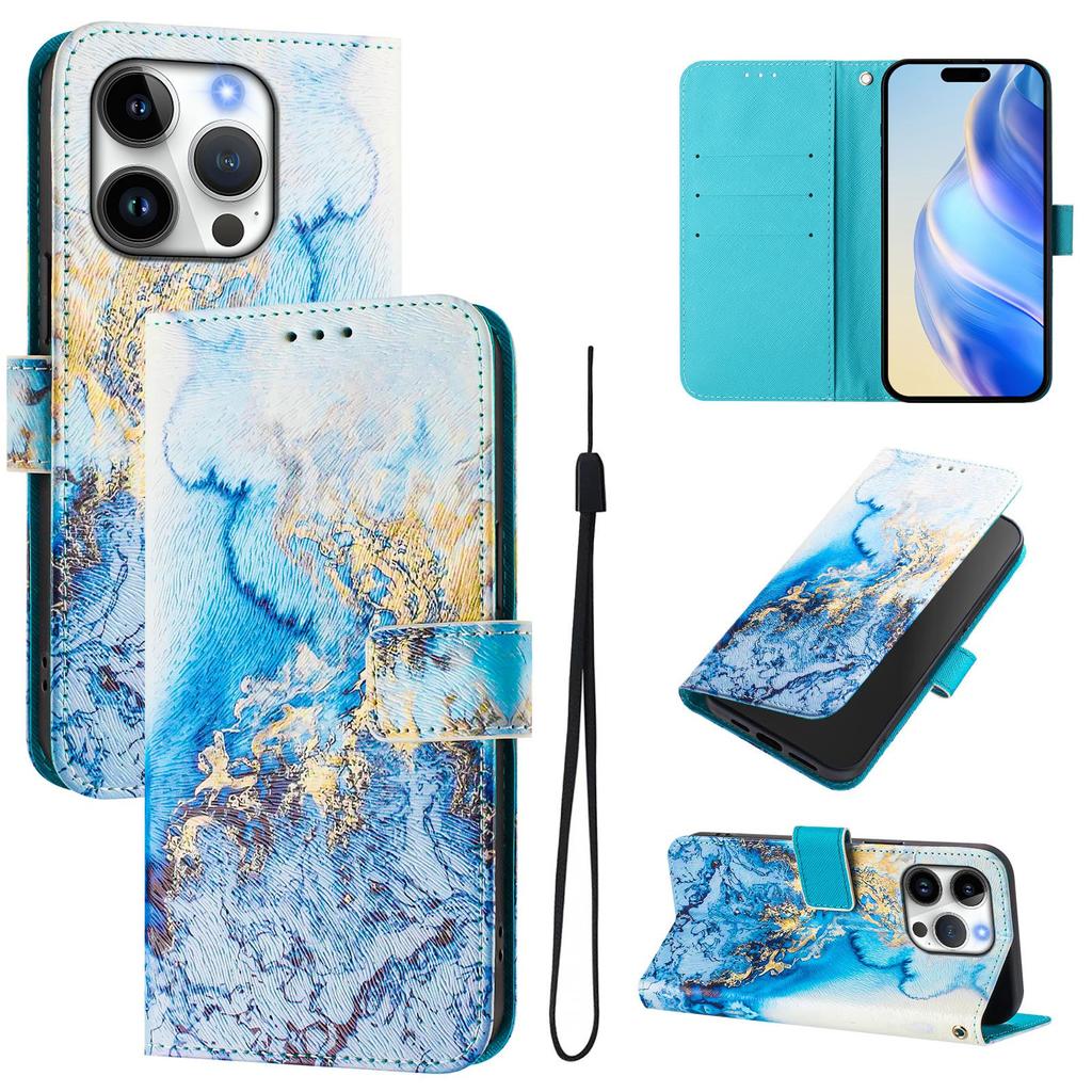 For iPhone 16 Pro Case Pattern Printing Wallet Phone Cover with Strap