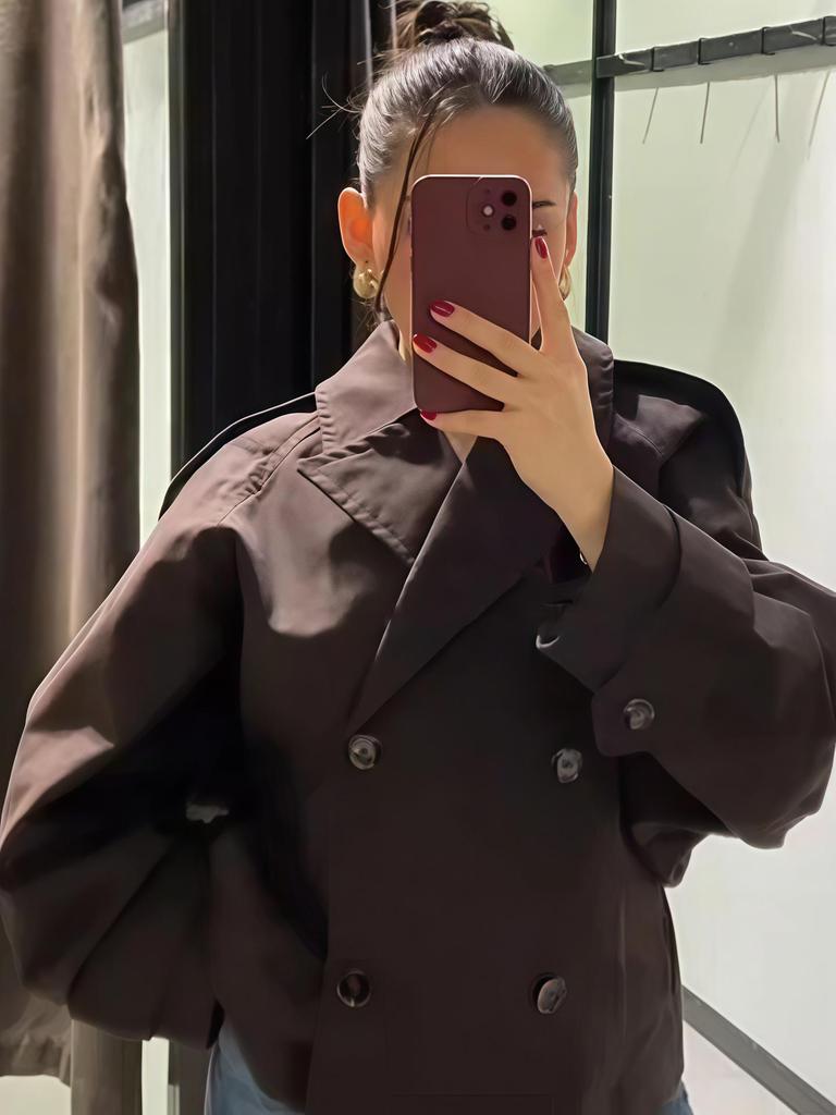 2025 European & American Style Double-Breasted Short Trench Coat with Stand Collar