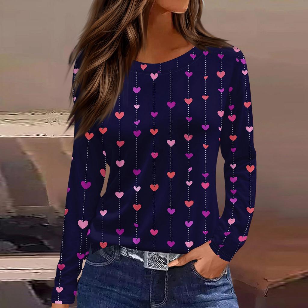 Women's Fashionable Long-Sleeved Round Neck Top with Slit Hem and Valentine's Day Heart Print