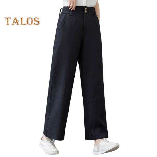 Women Casual Pants Elastic High Waist Buttons Zipper Fly Long Trousers with Pockets Solid Color Straight Wide Leg Slacks Daily Wear