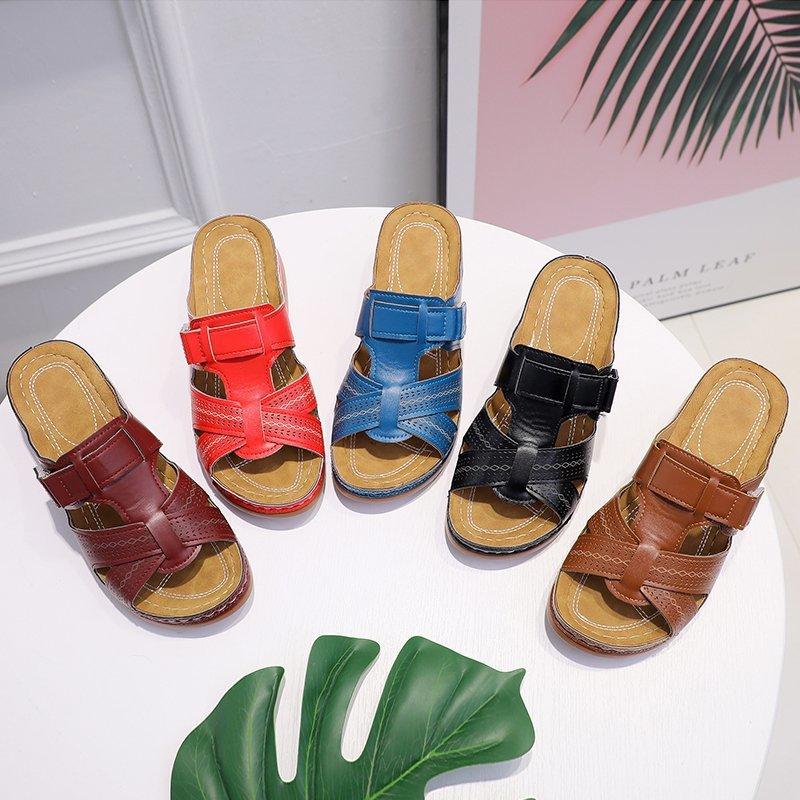 Summer Casual Retro Wedge Heel Thick Sole Sewn Shoe Leather One-character Women's Cool Slippers