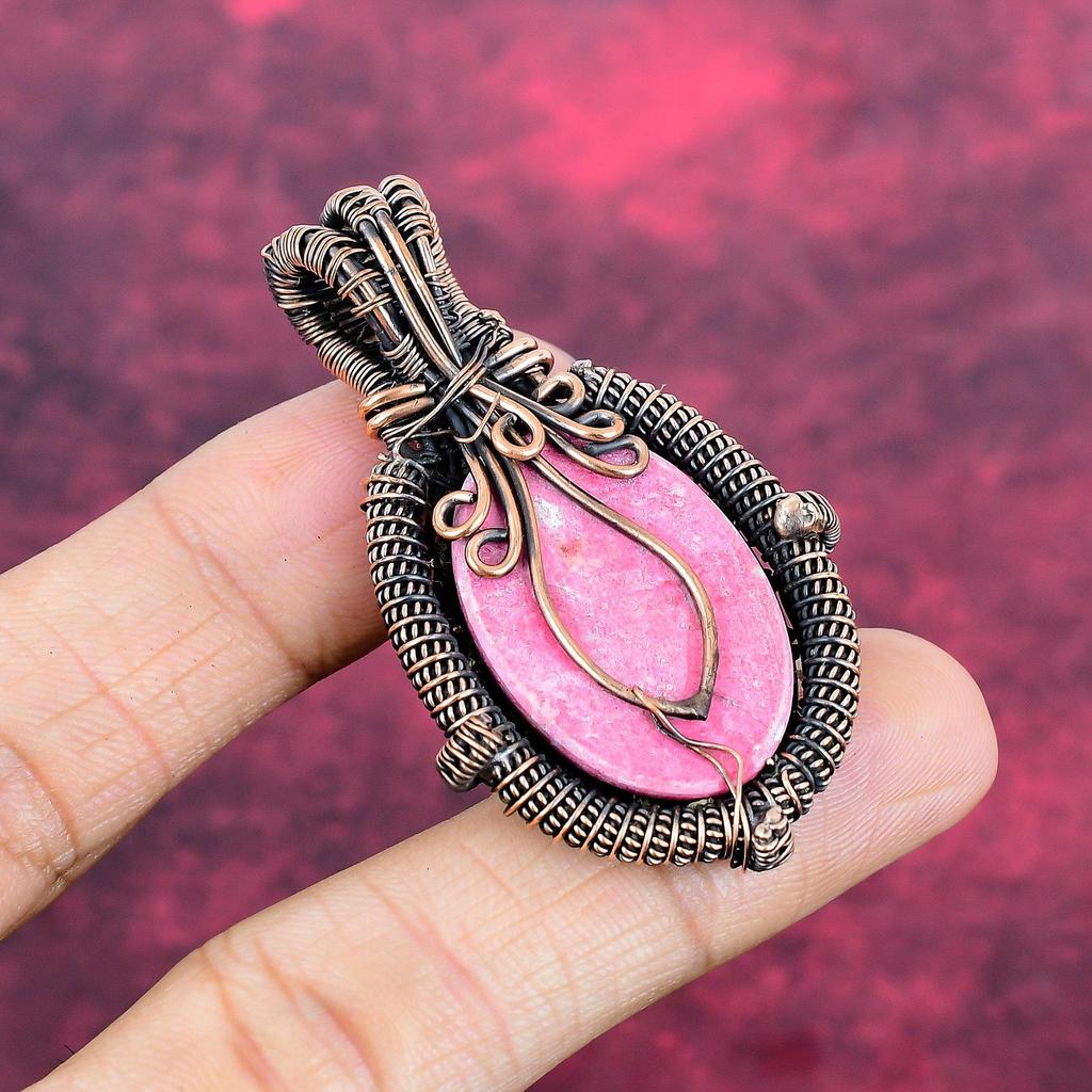 Thulite Pendant Rainbow Moonstone Pendant Copper Wire Wrapped Gemstone Jewelry