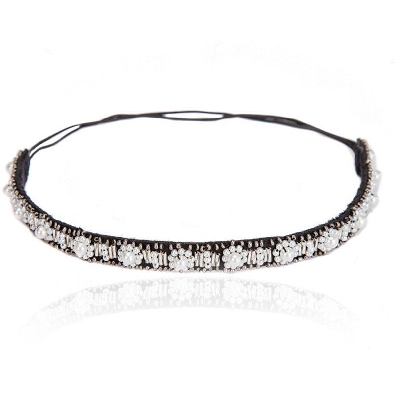 Etnische Zaadkralen Parels Handgemaakt Elastisch Hoofdband Kralen Haarband Voor Vrouwen & Meisjes Haaraccessoires zwart