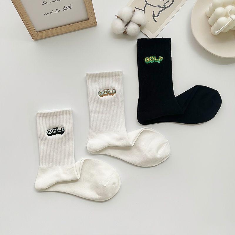 Golf Letter Embroidered Cotton Socks Black And White Wind Street Men And Women Couples Medium Stockings Sports Socks Tide