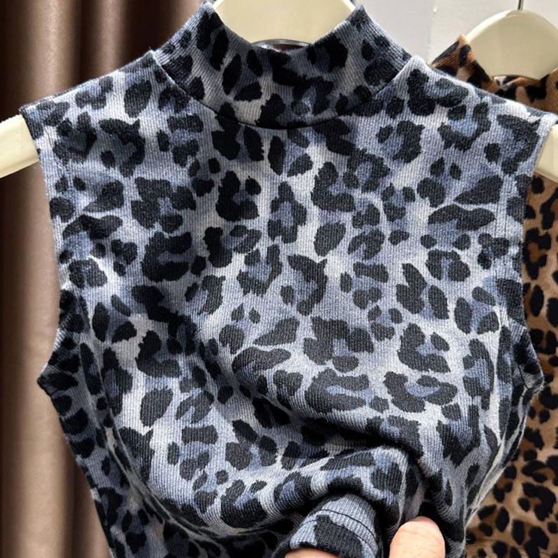 Leopardí vesta pro ženy Topy bez rukávů Vesta s polovičním rolákem Nadměrná Zesílená Neformální vesta