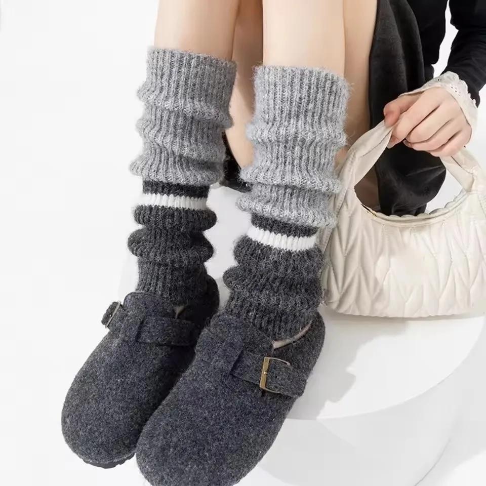 

Winter Striped Leg Warmers for Women Knitted Bow Thickened Middle Tube Socks Harajuku Cashmere Hosiery Female Long Socks One Size