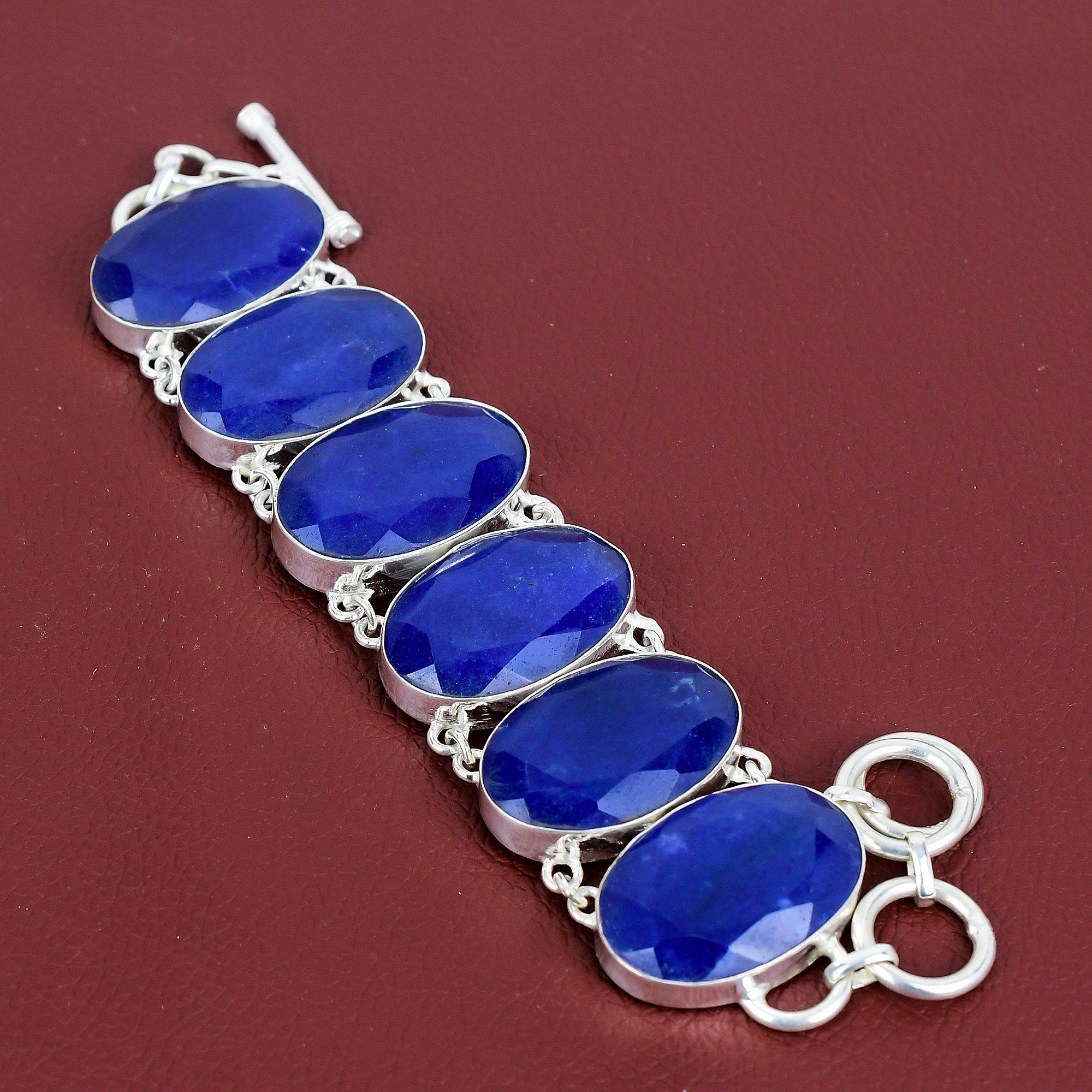 Faceted blue sapphire bracelet gemstone bracelet 925 sterling silver bracelet adjustable chain bracelet handmade boho jewelry gifts for mom Adjustable