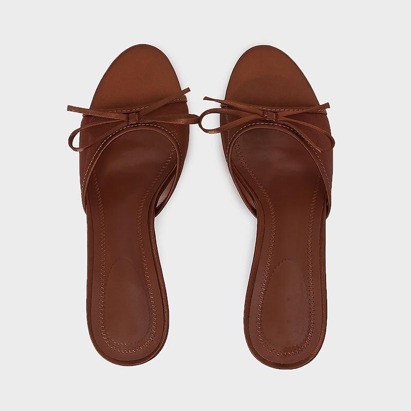 Fashion Elegant Brown Mesh Women Slippers Summer Fashion Bow Decoration Slide Sandals Sexy Peep Toe Thin High Heel Sandals Beach Shoes