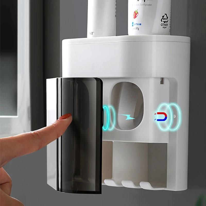 Nástěnný automatický odšťavňovač zubní pasty, dávkovač zubní pasty, magnetický držák na zubní kartáček, stojan na zubní pastu, koupelnové doplňky