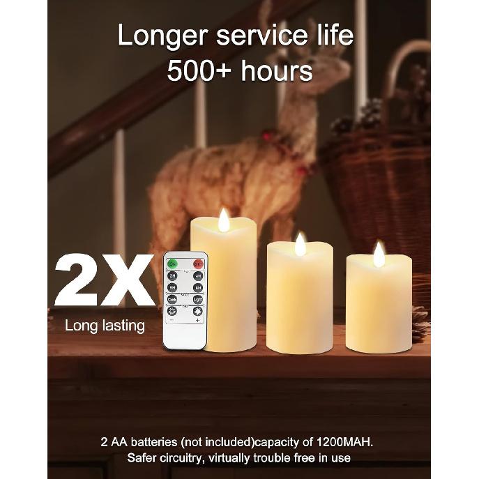 LOGUIDE Flickering Flameless Candles with Remote Timer, Realistic 3D Moving Flame with Real Wax Pillar LED Candles,Lasting 500+Hours Battery Operated