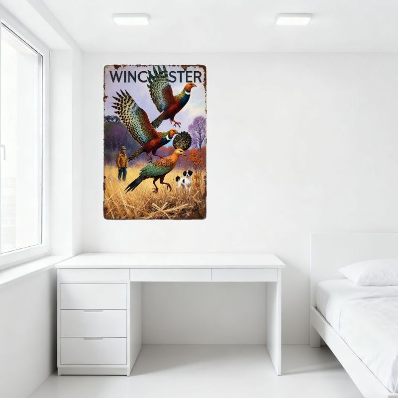 Vintage Winchester Metal Tin Sign, Rustic Pheasant Hunting Scene with Man & Dog, Retro Country Home Decor for Man Cave Cafe Bar