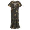 SNIDEL Floral Short Sleeve Cache-coeur Frills Long Dress Black Women Used