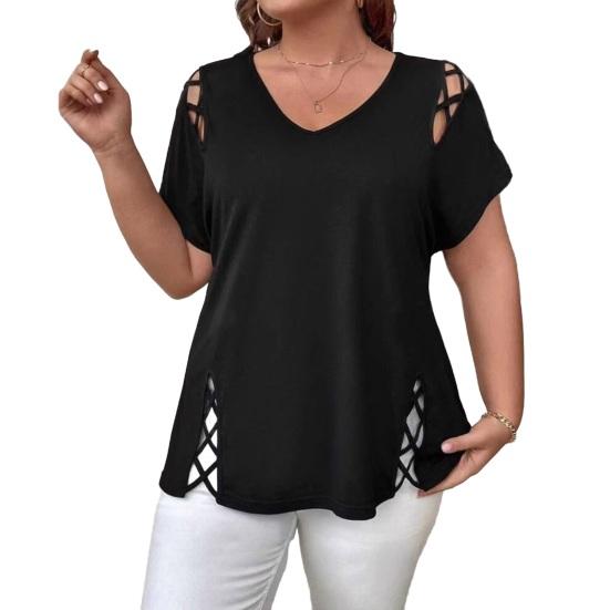 Women Summer T-shirt V-Neck Short Sleeve Solid Color Loose Fit Casual Tops with Hollow Cross-Band Design
