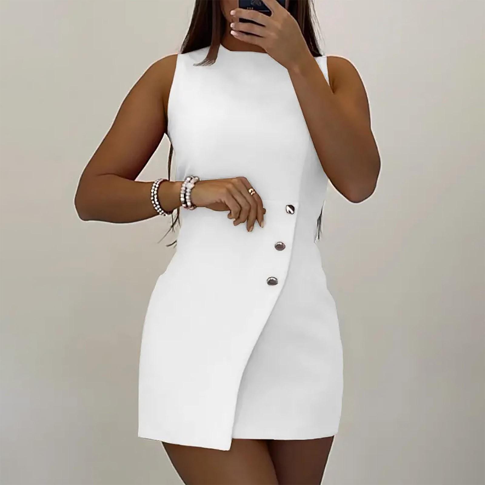 

Women s Casual Printed Round Neck Pullover Button Sleeveless Dress M