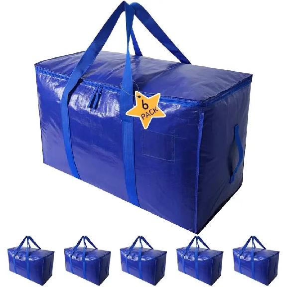 6 Pack Extra Large Heavy Duty Moving Bags Waterproof Storage Totes with Handles & Zippers Foldable for College Dorm & Home Stora синий