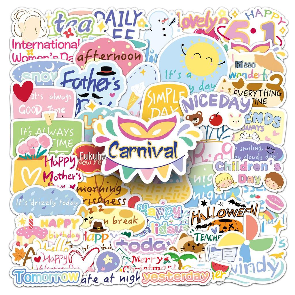50 Original English Festival Cartoon Stickers for Phone Cases, Water Bottles, Books, and More