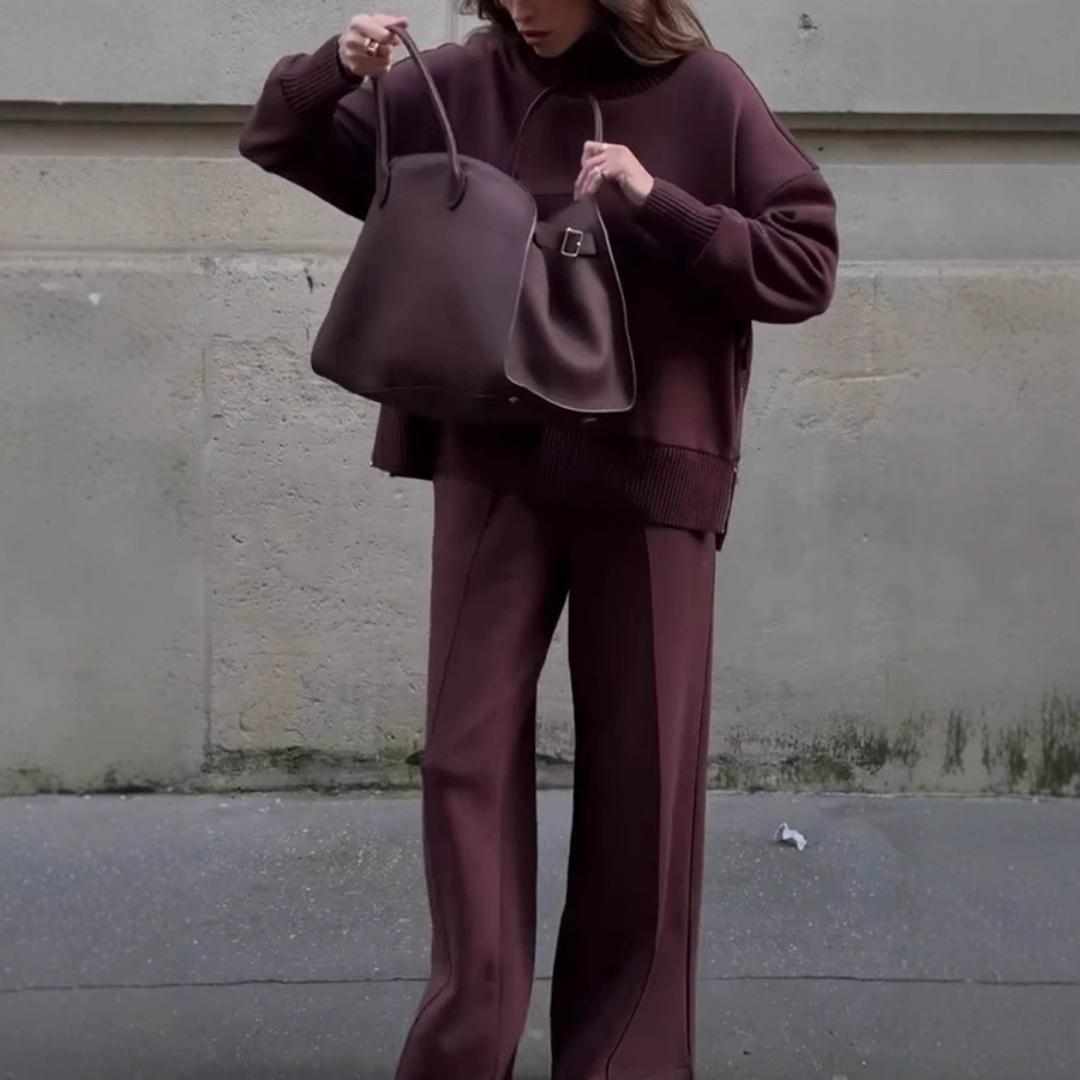 

Spring and Autumn Long-sleeved Sweater Suit Casual Loose Pocket Trousers Two-piece Women XS вина червоного кольору