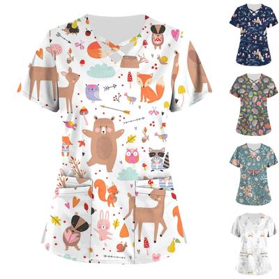 Uniforme de travail imprimé mignon grande taille, hauts pour femmes, col en v croisé, manches courtes, T-Shirts amusants, vêtements de travail, t-shirt avec poches