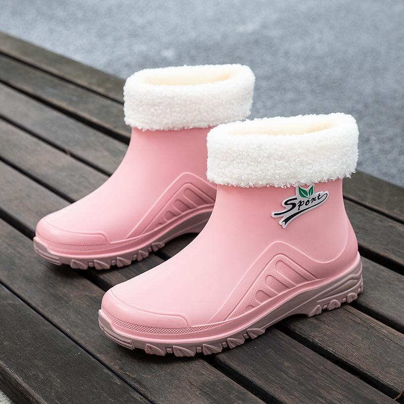 Short Rain Shoes Women's New Fashion Casual Thermal Shoes Overshoes Non-slip Velvet Student Rain Boots Water Shoes Women