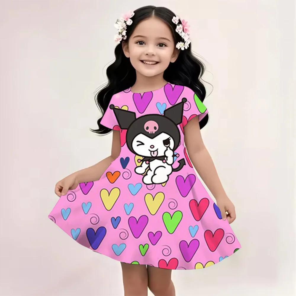 Sanrio Summer Dress Fashion Cartoon Cute Cinnamoroll Hello Kitty 3D Printing Dress Kid Short Sleeve Princess Clothing Kuromi