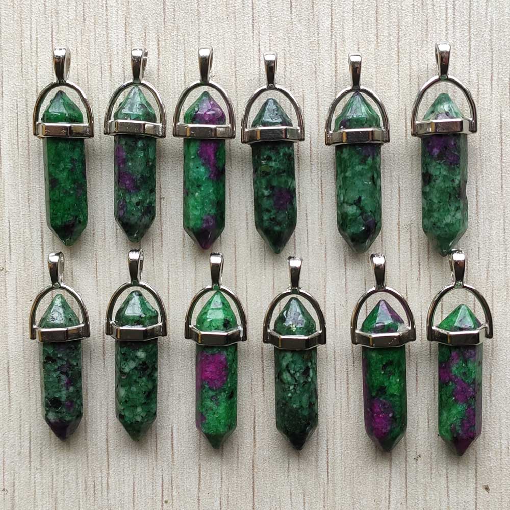 Natural stone quartz aventurine lapis crystal hexagonal pillar Pendants for Jewelry accessories 12pcs