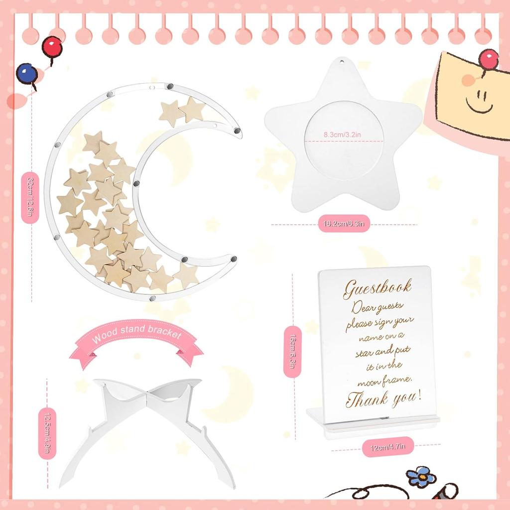Baby Shower Guest Book, 68PCS Baby Shower Sign in Guest Book Baby Shower Decorations Moon Token Frame Star Wooden Keepsake Frame Baby Shower Decors