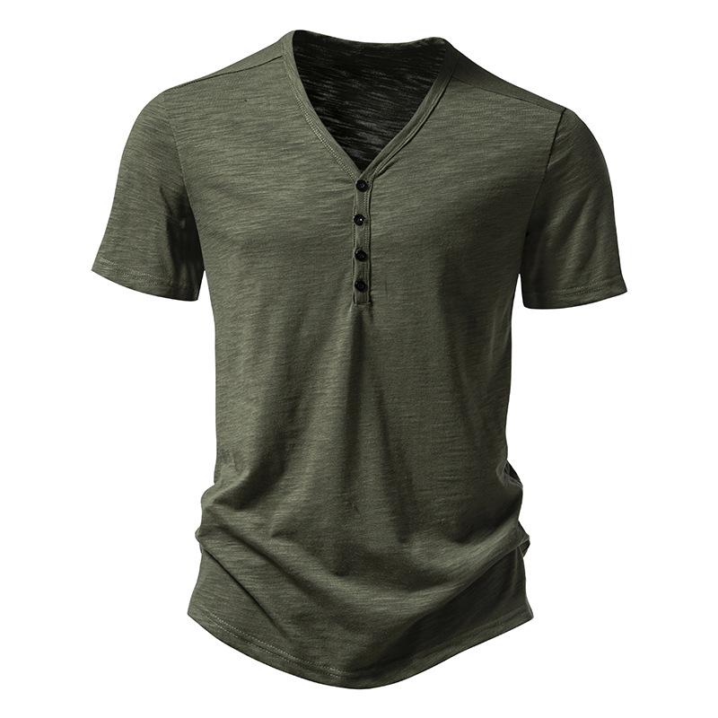 Men's Bamboo Cotton Buttoned V-Neck Short-Sleeve T-Shirt, European Size, Solid Color, Breathable, Simple Design