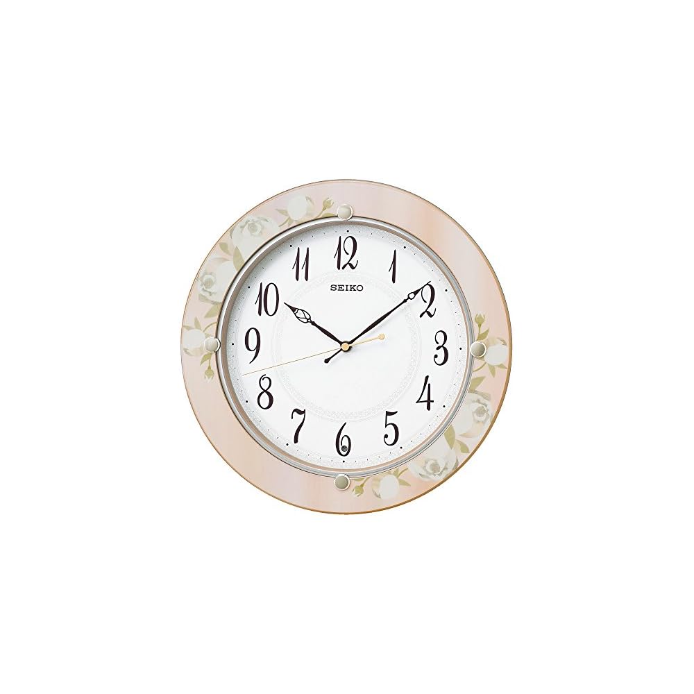 Seiko Clock Wall Clock, Radio Controlled, Analog, Wooden Frame, Light Pink Floral Pattern, KX220P