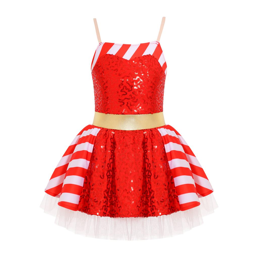 Girls Christmas Costume Striped Sequin Dress Adjustable Straps Skirt Jumpsuit Party Dress Up Outfit
