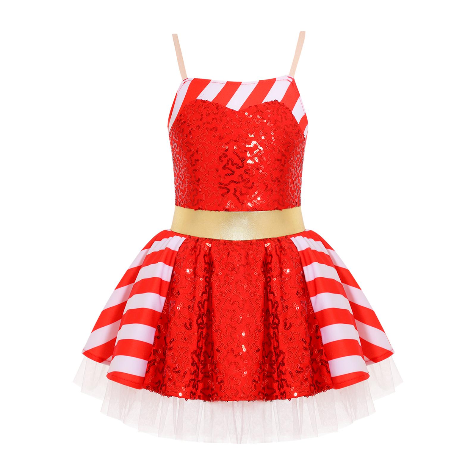 

Girls Christmas Costume Striped Sequin Dress Adjustable Straps Skirt Jumpsuit Party Dress Up Outfit 5-6 Years червоний