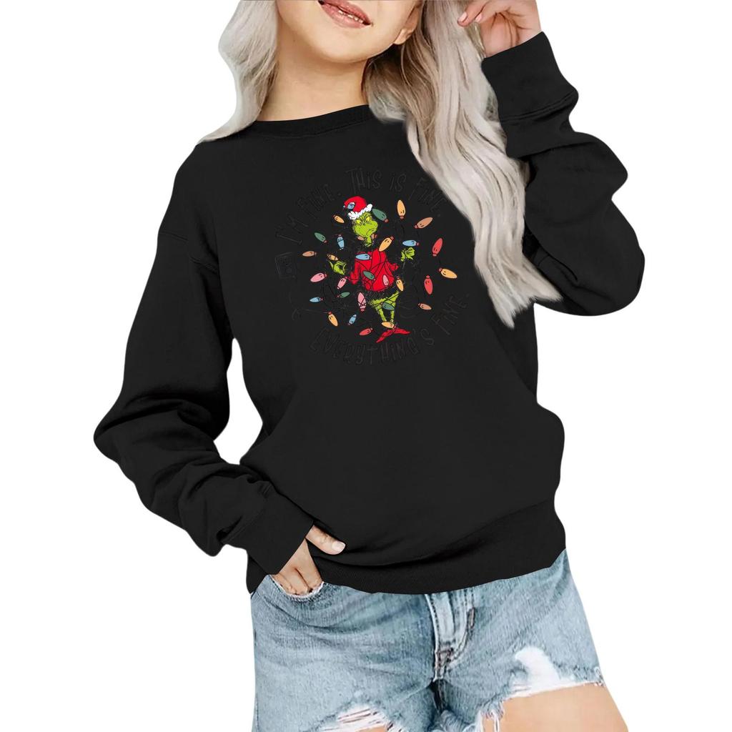 Kids' Fashion Loose-Fit Casual Long-Sleeve Christmas Print Oversized Crewneck Sweatshirt