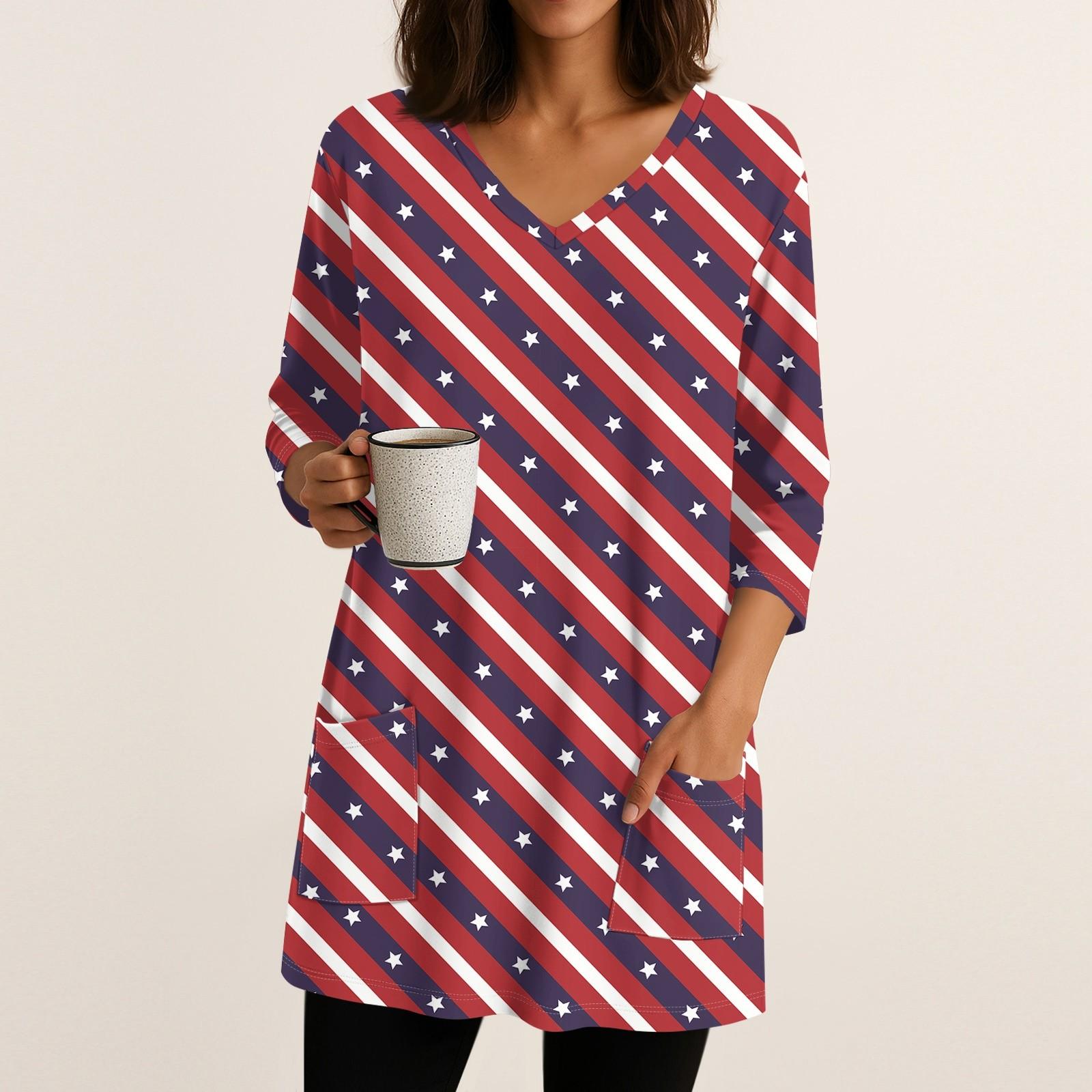 

Женские топы с V-образным вырезом и рукавом 3/4 Блузки Повседневные рубашки средней длины Модные принты Туники Топы с карманами M красный