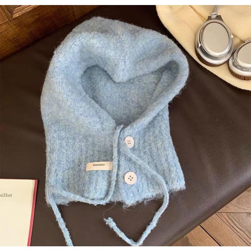 Autumn and Winter New Korean Style Anti Aging Balacala Cap Buttoned Scarf Cap One Piece Women's Ear Protecting and Warm Knitted Cap