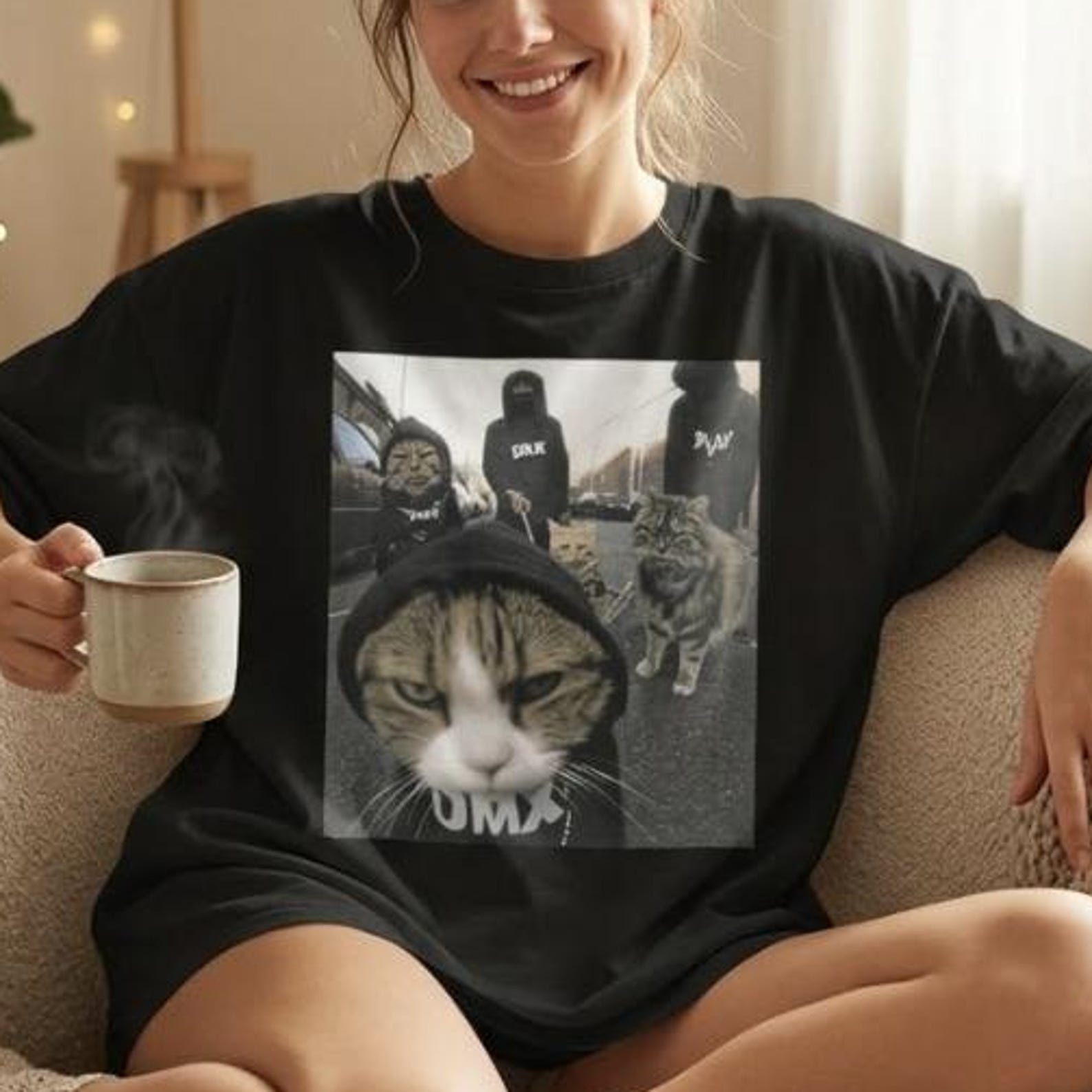 Funny Cat Rap Tee, Retro Hip Hop Meme Shirt, Hooded Gangster Cats Graphic T-Shirt, Gang Cat Streetwear, Gildan 5000 Unisex Gift XL