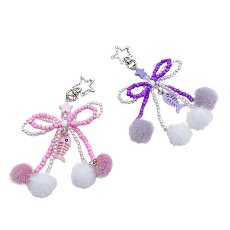 Bowknot Plush Ball Hanging Pendant Portable Y2K Hanging Lanyard Sweet Cool Phone Strap Bag Decoration for Girls Women