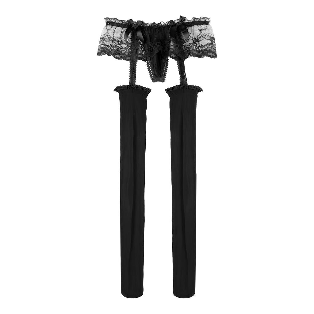 Pánské průsvitné krajkové kalhotky se sukýnkou, vykrojené, s vypouklou kapsou, G-string s lesklými podvazky