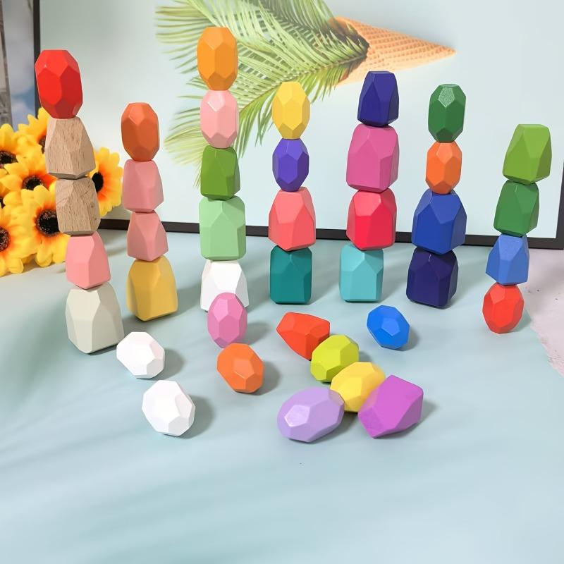 20pcs Wooden Stacked Balance Stones Wood Stackable Stone Tower Building Blocks Birthday Party Games Gifts for Kid and Home Decor