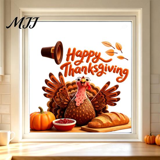 Holiday Home Beautification Autumn Thanksgiving Turkey Window Static Sticker, Decorative Removable PVC Decals, Reusable Glass Clings